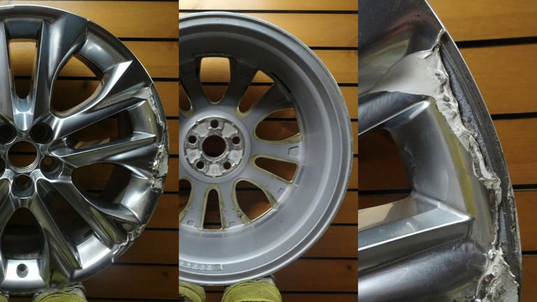 Mặt ngoài và trong của vành ốp chrome xe Toyota Highlander, có thể thấy rõ chất làm đầy màu xanh xám (ảnh sát bìa phải). Ảnh: Ebay Wheels and Centers